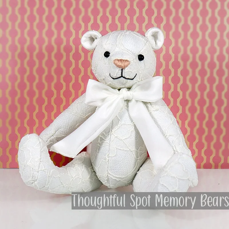 special order for Kelli - small standard bear made using remnants from a wedding gown © 2026