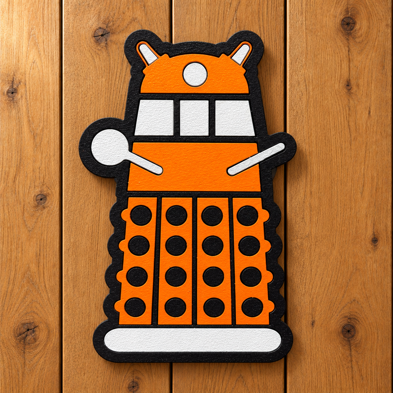 Orange Dalek magnet on oak-1.png