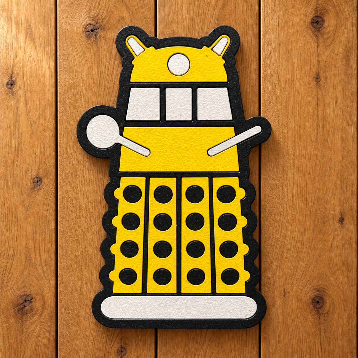 Yellow Dalek magnet on oak boards-1.png