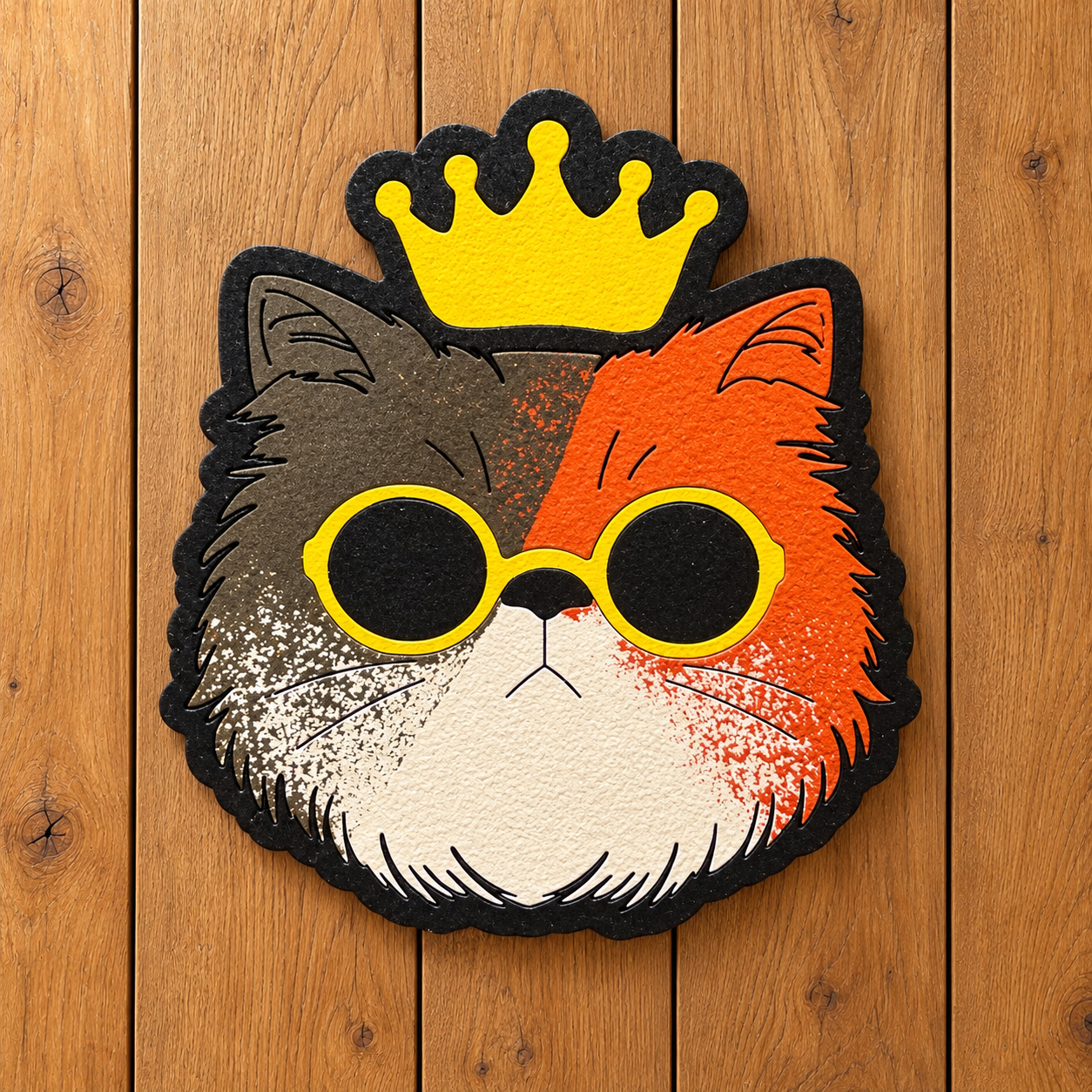 Crowned cat magnet on oak planks.png