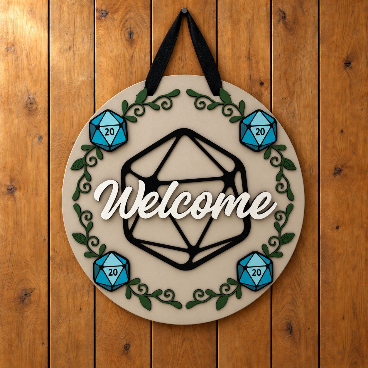 Handmade “Welcome” Wooden Sign with d20 Motif