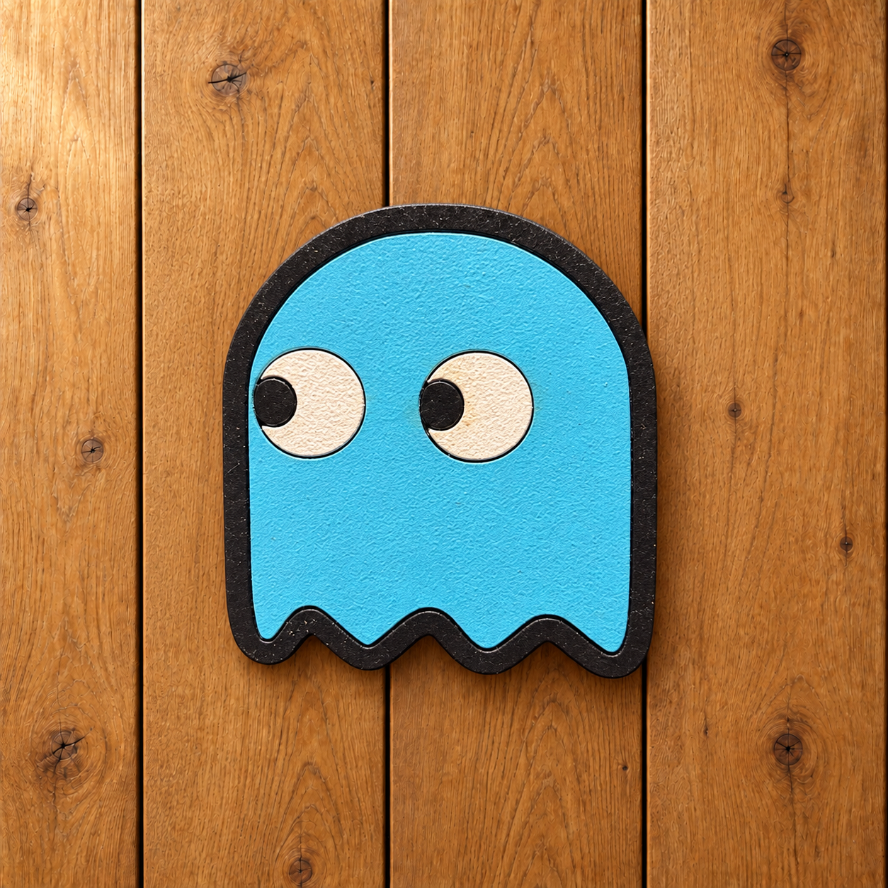 Cyan Pac-Man ghost magnet on oak-3 (1).png