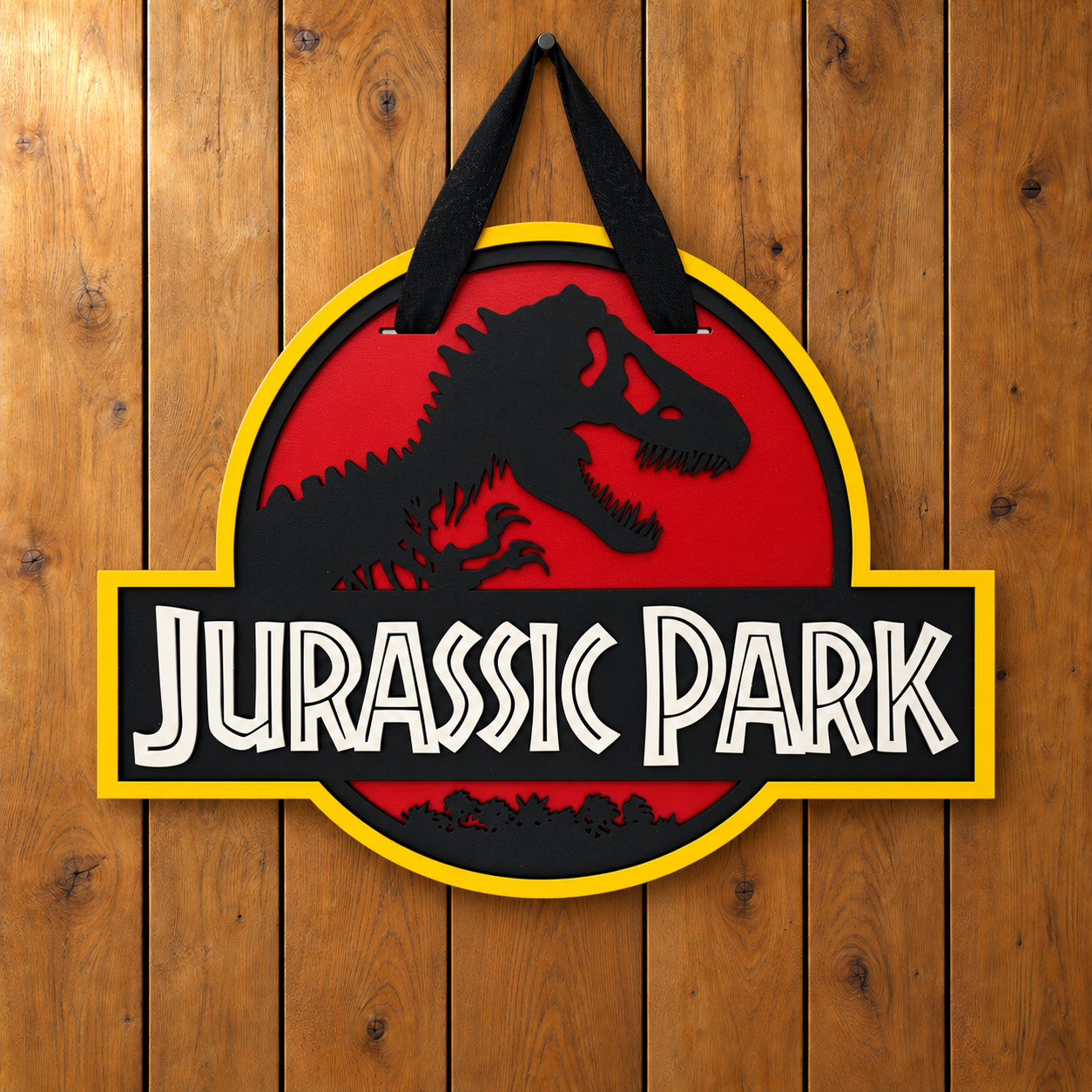 Handmade Jurassic Park sign on oak wall-4.png
