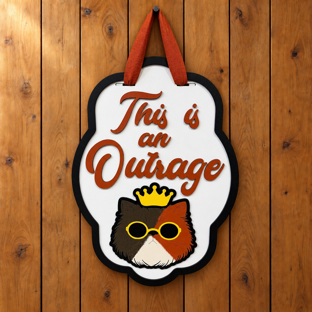 Crowned cat outrage sign on oak wall.png