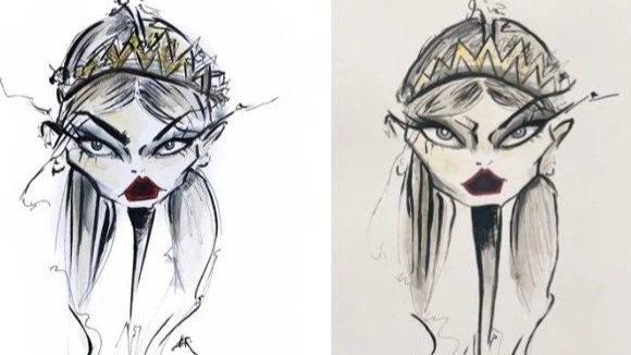 Fashion illustration by contemporary artist Jamie Lee Reardin (left); My version on the right.
