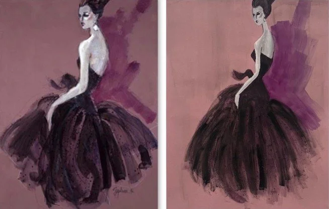 "The Seduction of a Black Dress" by legendary illustrator and professor Steven Stipelman (left); My version on the right.