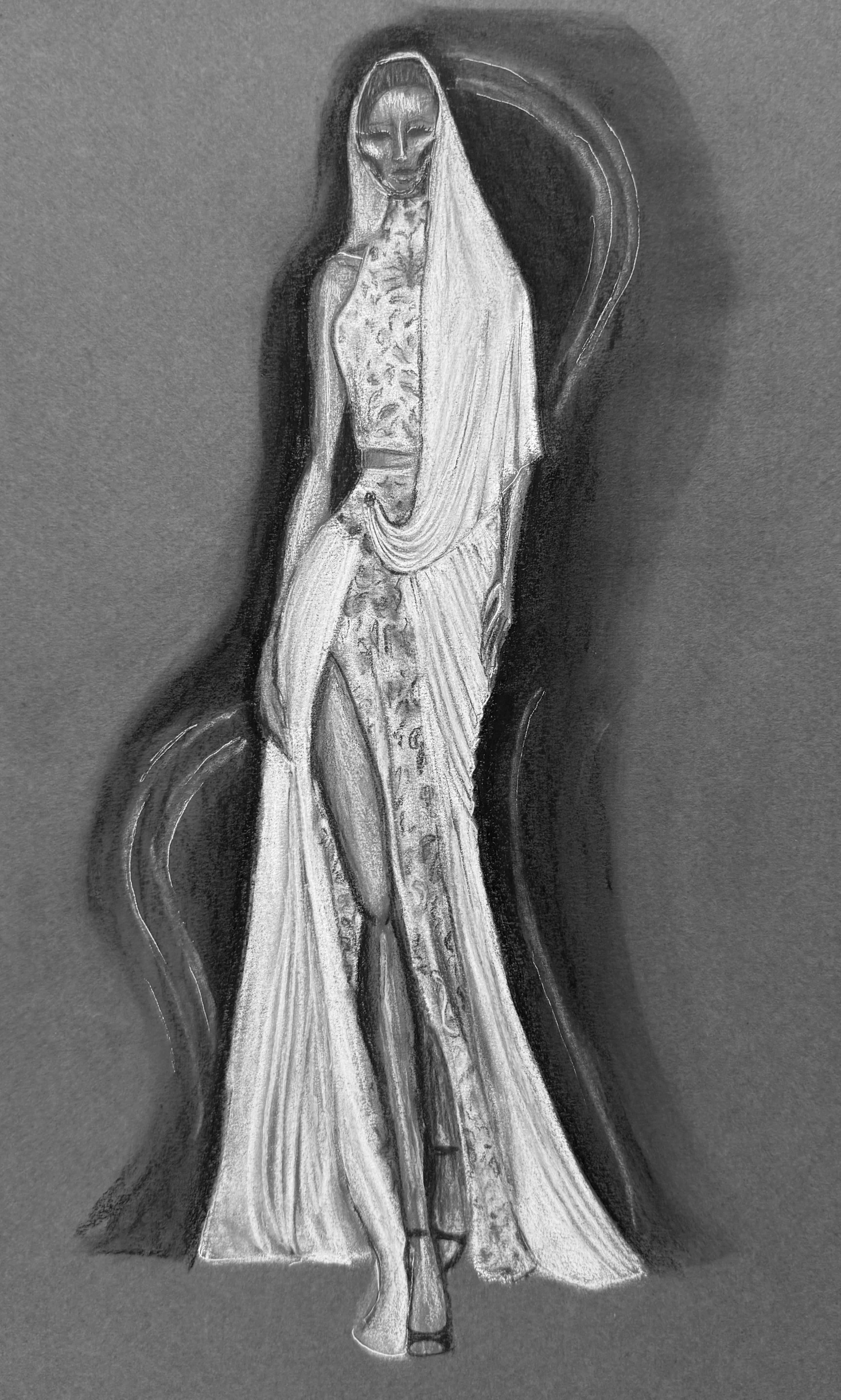 Part of Tyrian Arabesque collection, this specific look showcases a beautifully draped ivory halter gown characterized by intricate lace paneling, and a daring high leg slit.