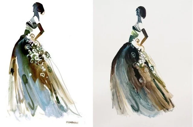Watercolor fashion illustration titled "Painted Lady" by acclaimed artist Bil Donovan; My version on the right.