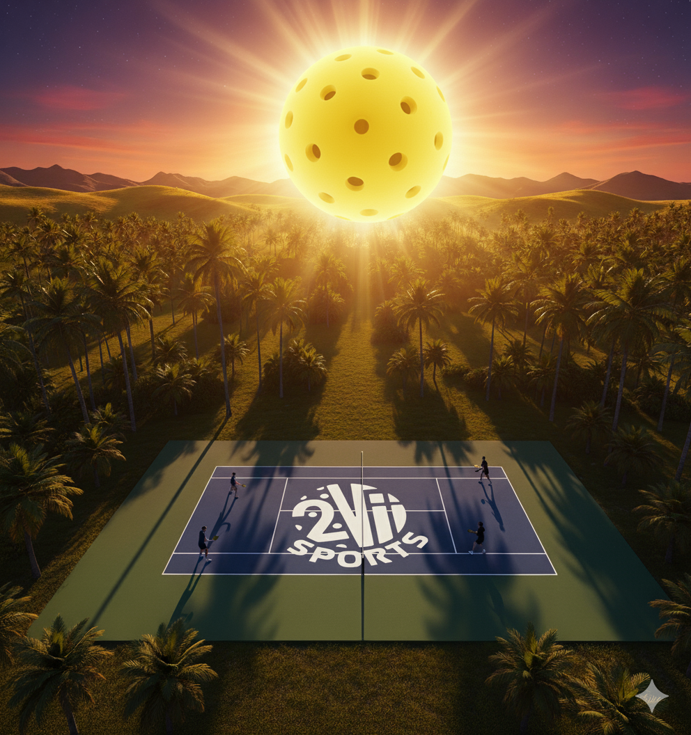 Escenario surrealista que combina elementos deportivos, naturales y astronómicos. Se muestra una cancha de voleibol con el logotipo '2V2 Sports' en el suelo, rodeada de palmeras en un paisaje tropical con montañas al fondo. En el cielo, un sol gigante en forma de queso suizo brilla intensamente, con un cielo de atardecer de tonos cálidos y estrellado.