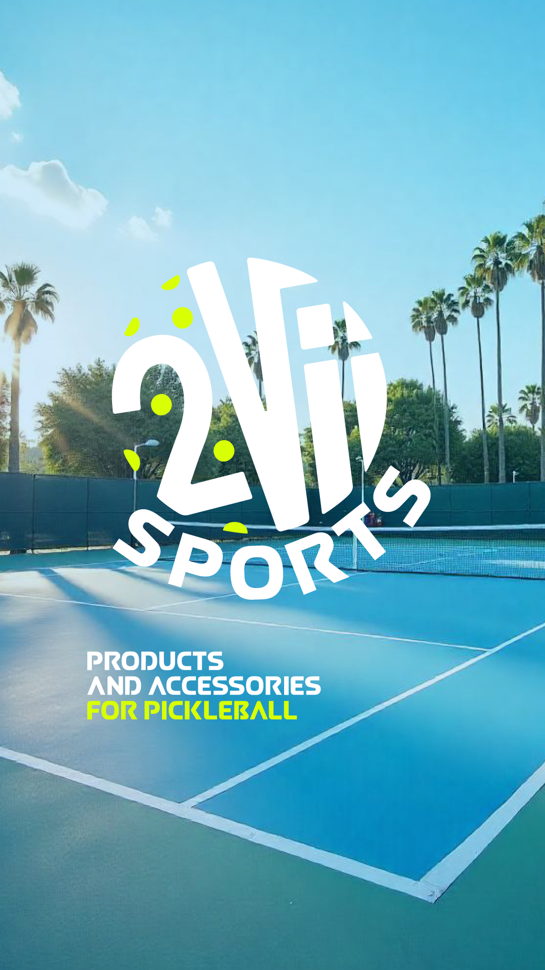 Cancha de pickleball al aire libre con logotipo de 2ND Sports y texto que dice 'Productos y accesorios para pickleball'.