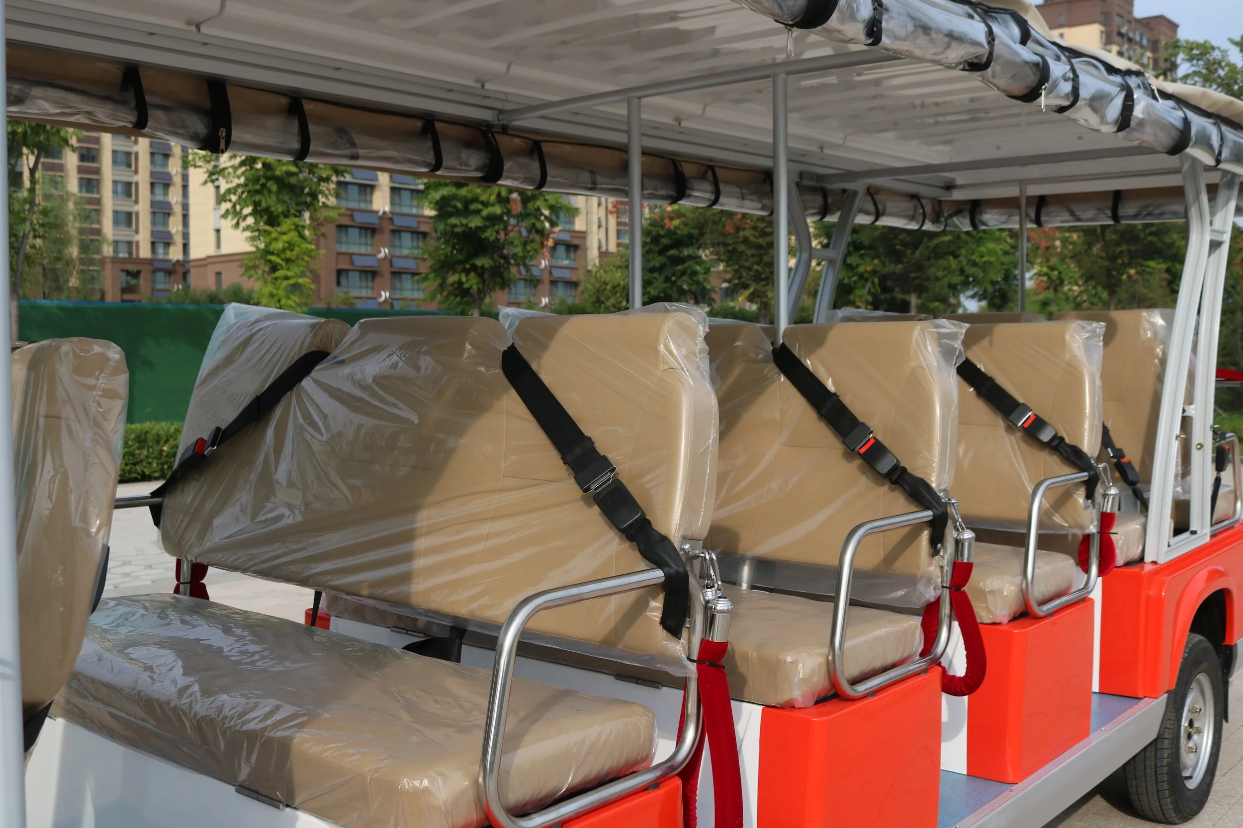 close up of seats in a 17 passenger low speed vehicle or mini bus