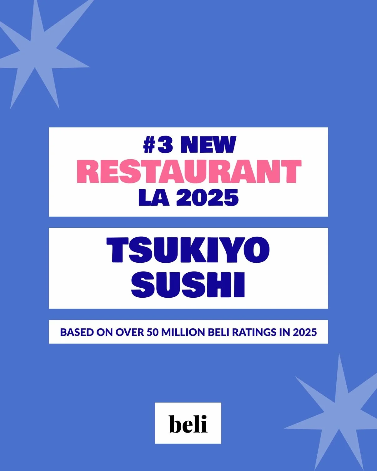 We&rsquo;re honored to share that Tsukiyo Sushi has been named the #3 New Restaurant in Los Angeles for 2025, based on over 50 million Beli ratings. 
Thank you for welcoming us into your evenings, your celebrations, and your routines. From the first 