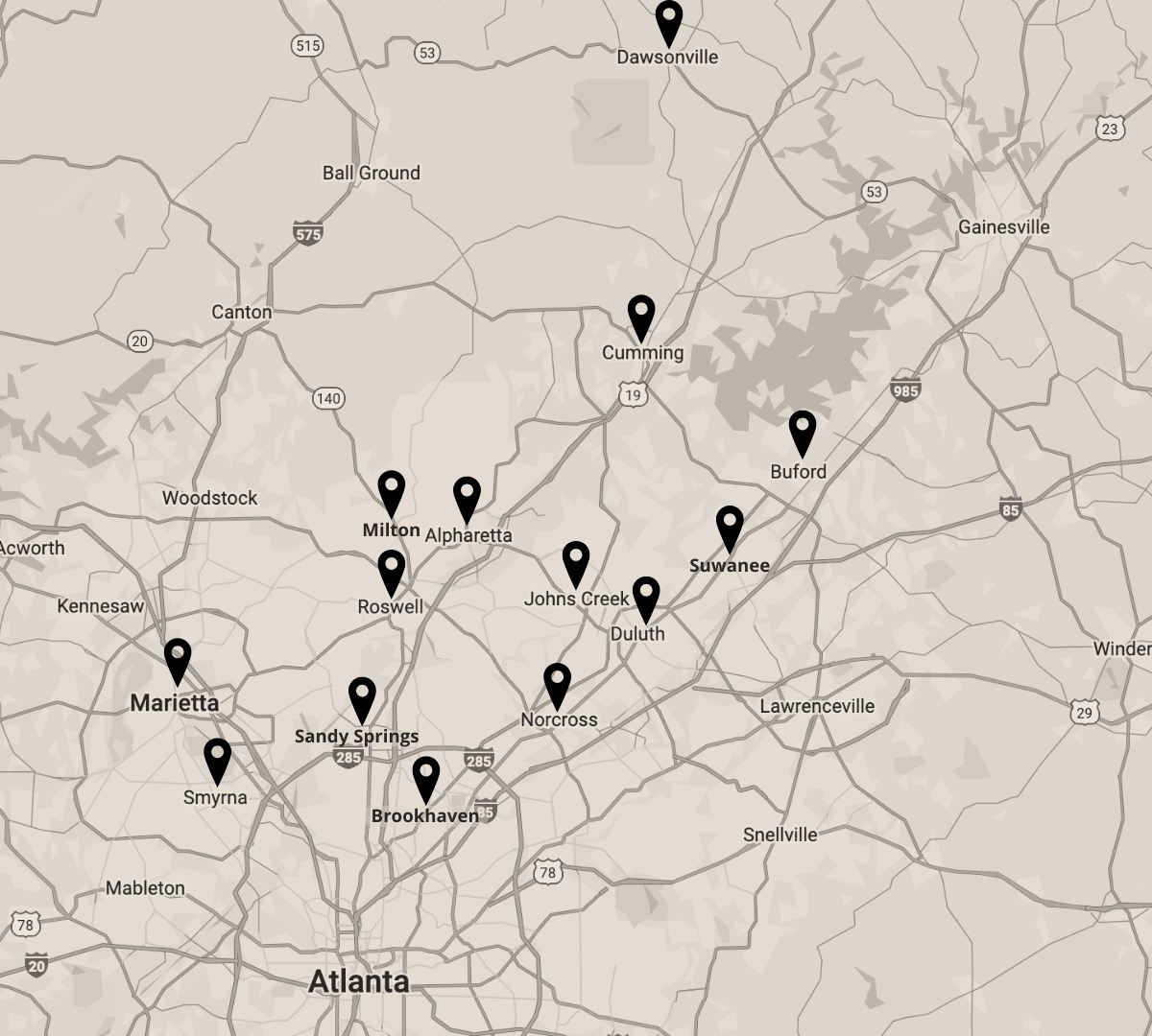 Map illustrating the Atlanta service areas of a home remodeling company