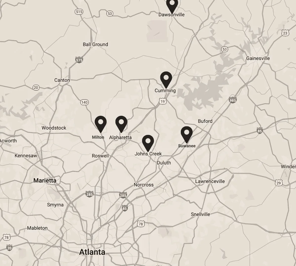 Atlanta home remodeling service area map highlighting Alpharetta, Cumming, Johns Creek, Milton, Suwanee, Dawsonville