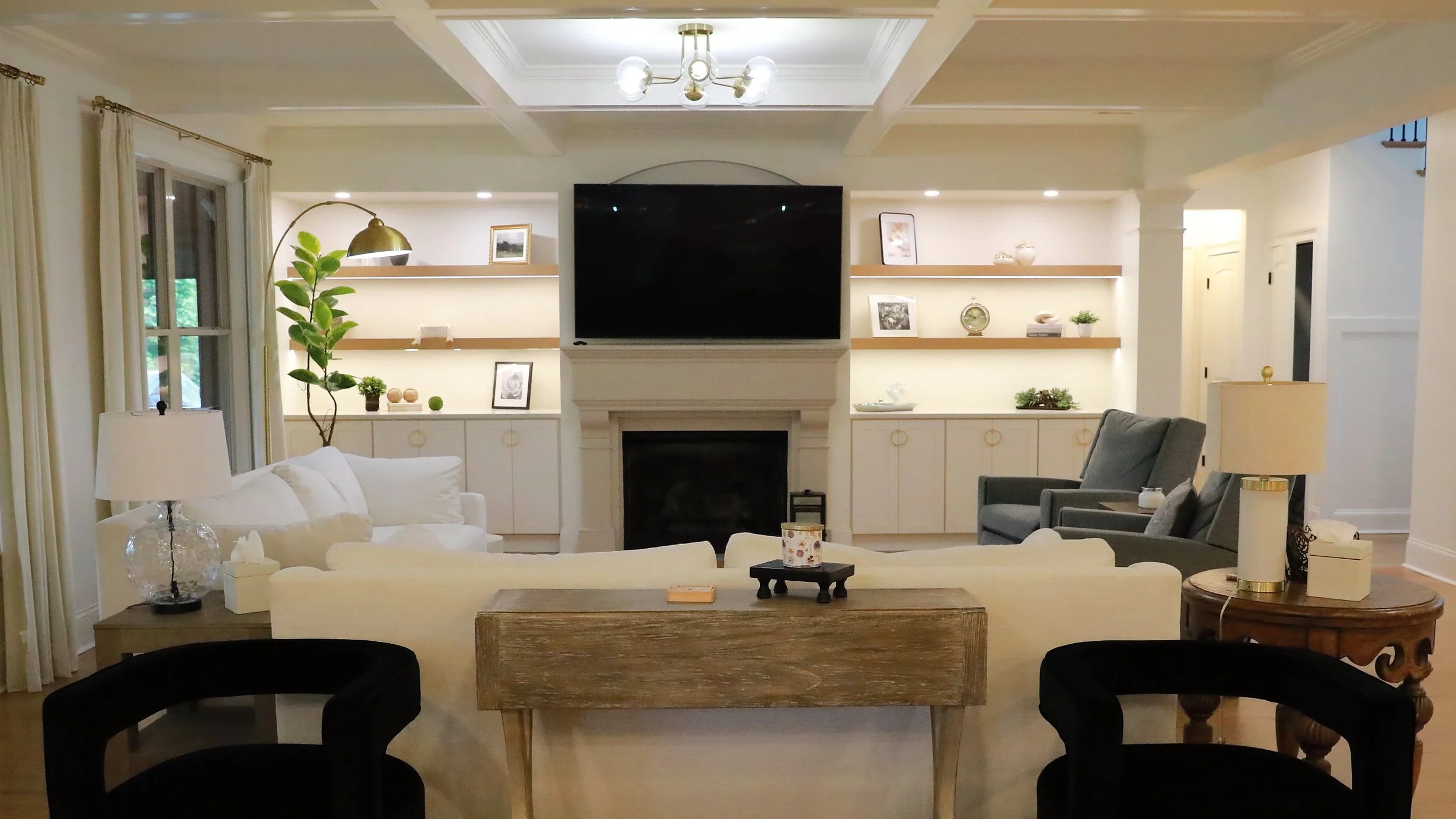 Finished basement in Atlanta with family room and built-ins