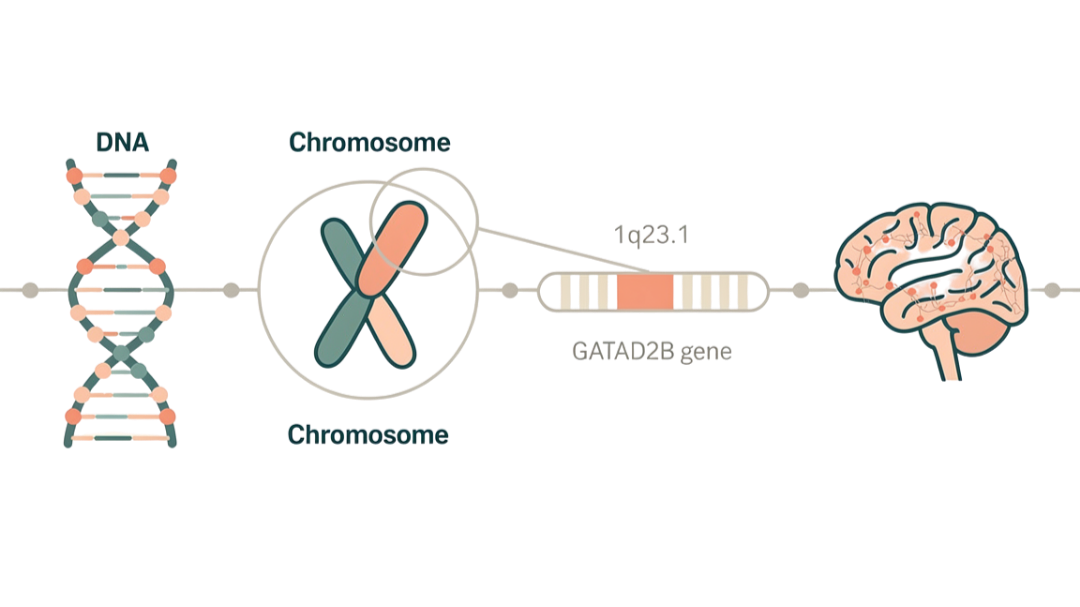 Diagram of DNA structure showing the double helix, with labels for DNA, chromosome, genetic data, and a human brain.