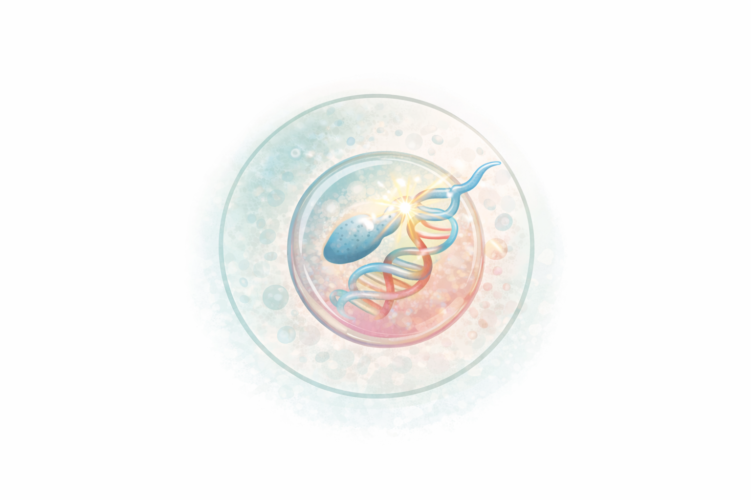 Illustration of an egg cell with an ovum, DNA helix, and fertilization process happening inside the egg.
