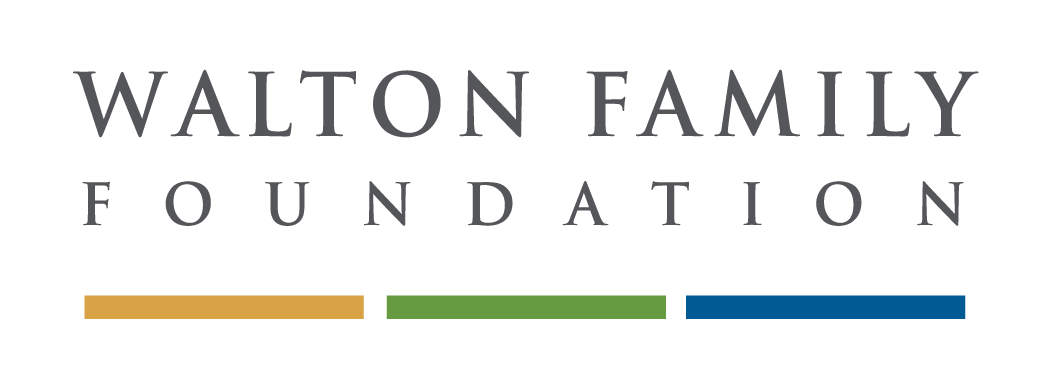 Walton Family Foundation logo with black text and colored lines in gold, green, and blue.