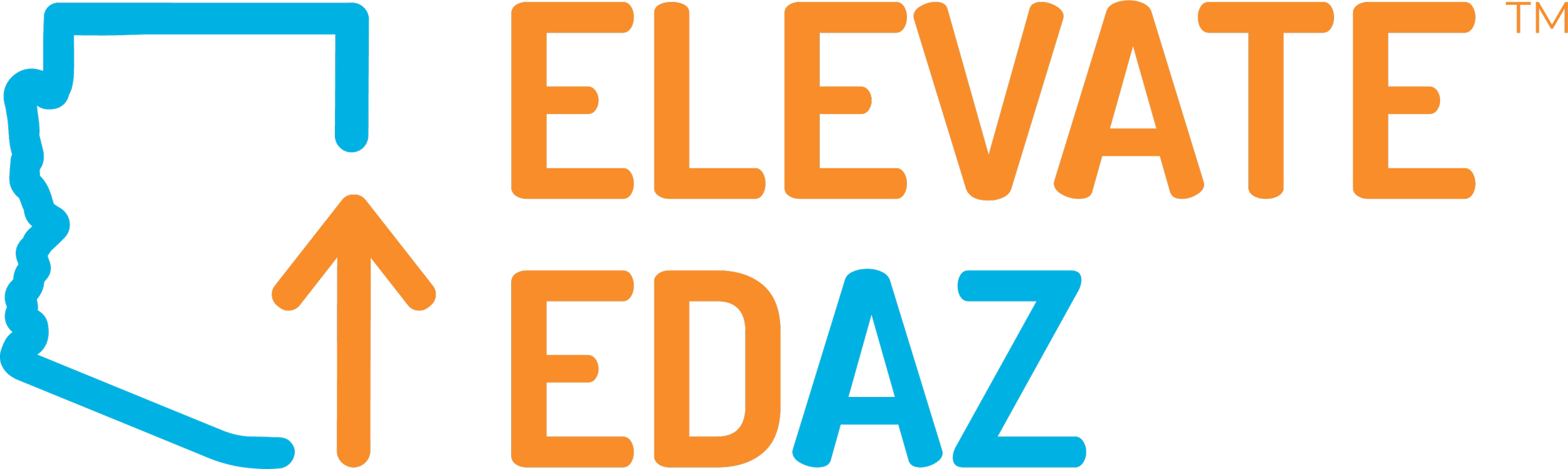 Graphic design with the state of Arizona outline in blue, and the words 'ELEVATE' and 'EDAZ' in orange and blue, with an upward arrow between them.