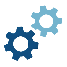 Two gear icons, one dark blue and one light blue, overlapping.
