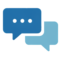 Two overlapping speech bubbles, one dark blue with two smaller circles and one lighter blue, symbolizing conversation or communication.