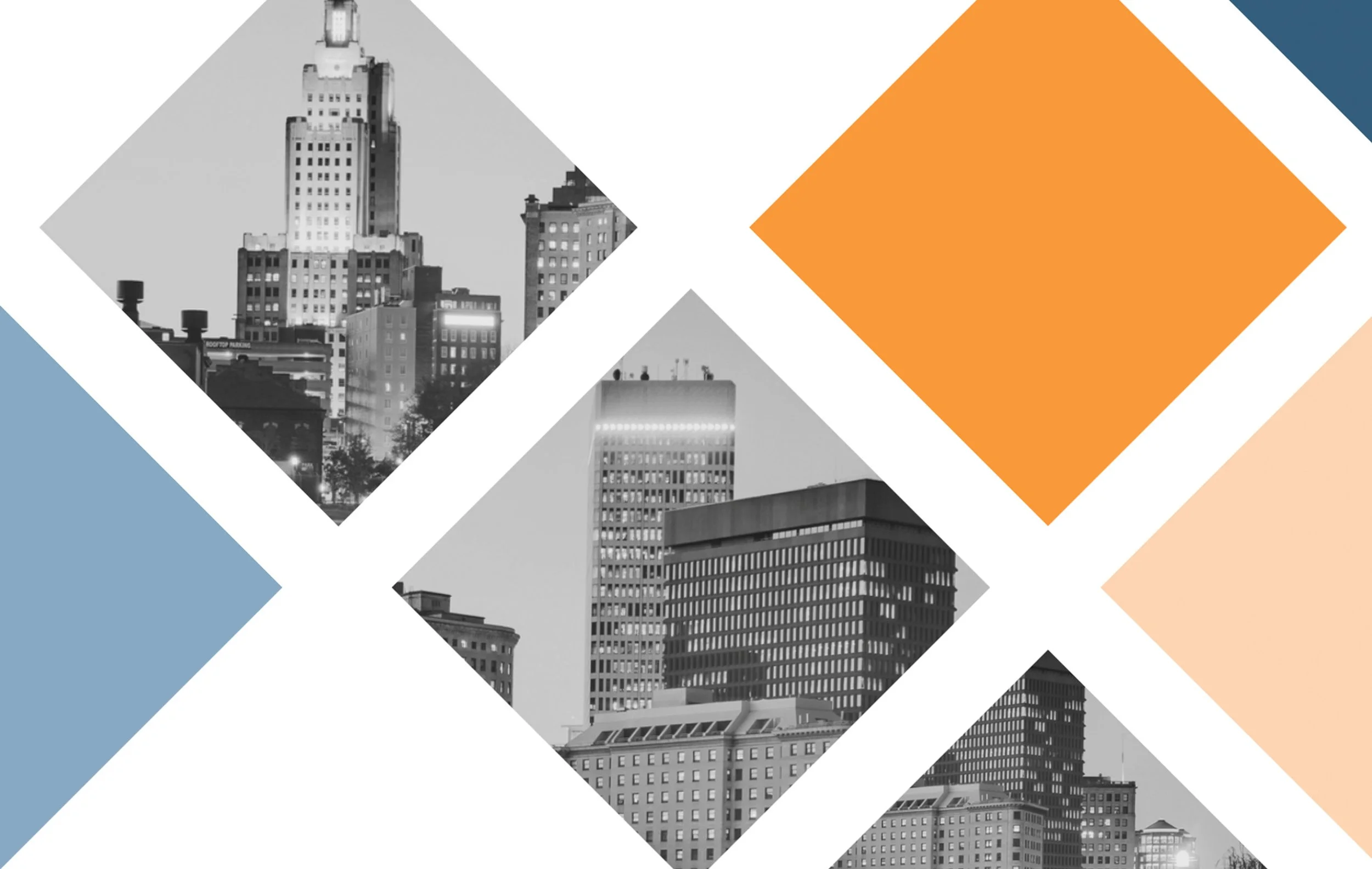 Black and white photo of city skyscrapers, with modern building designs. Overlay of geometric shapes in blue, orange, and beige colors.