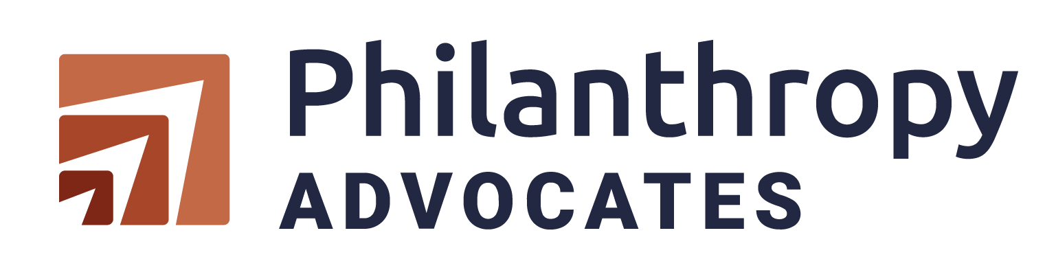 Logo for Philanthropy Advocates featuring a stylized bar chart icon in shades of brown and dark blue text.