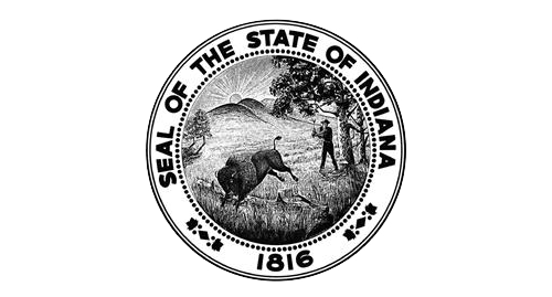 Black and white image of the Indiana state seal, featuring a farmer and a buffalo with a landscape background, encircled by the words 'Seal of the State of Indiana 1816'.