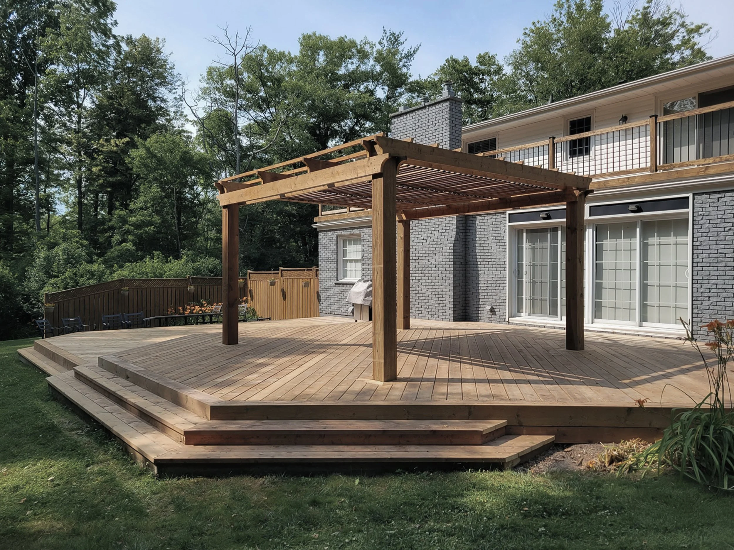 Wood pergola structure on a multi-level deck