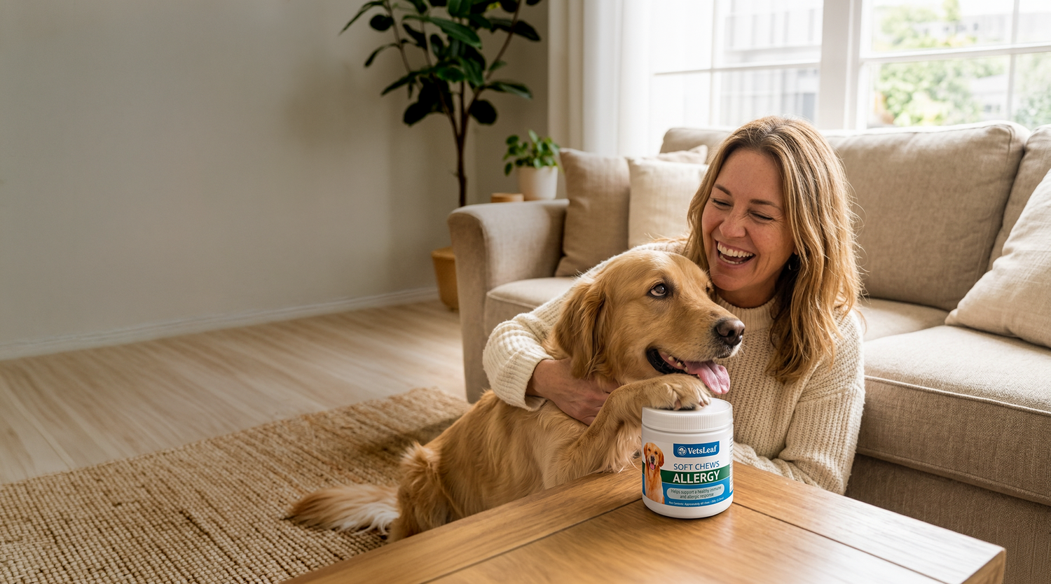 A woman and her golden retriever with a jar of VetsLeaf soft chews