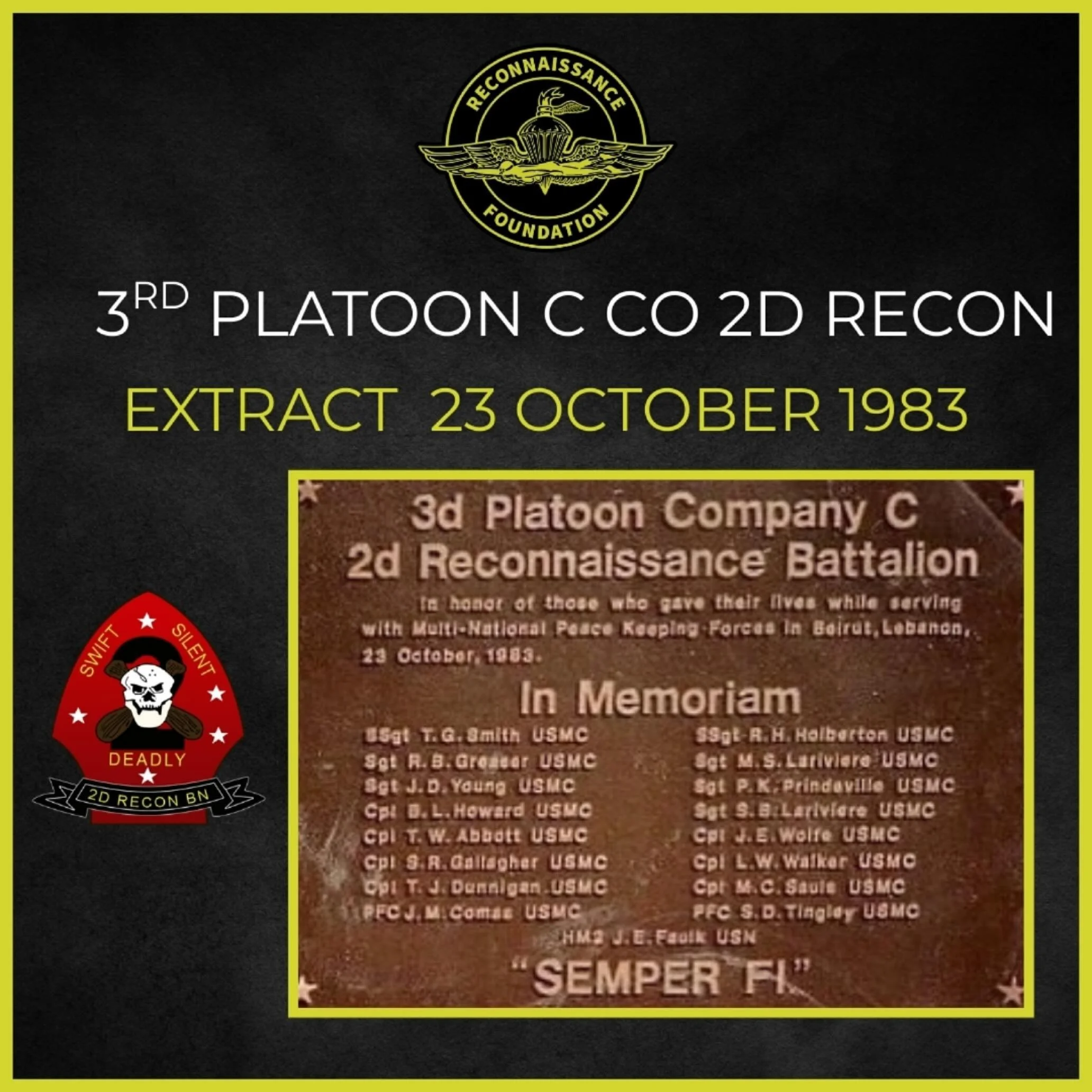 On this day 42 years ago we lost 17 teammates from 3rd Platoon, C Co., 2nd Reconnaissance Bn in Beirut Lebanon. 
They were part of a larger American peacekeeping force that was attacked by Iran and its pseudo paramilitary wing Hezbollah who used a s