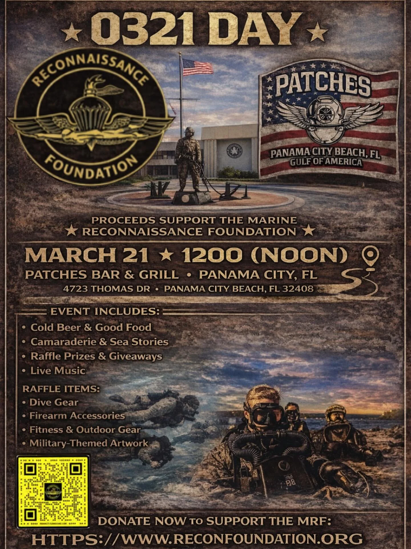 East Coast 0321 Event Details:

Join our teammates from the Marine Combatant Dive staff for the their 0321 event, supporting the Marine Reconnaissance Foundations Annual Gold Star Family Retreat.

Patches Pub &amp; Grill (Panama City, Florida)
Hosted