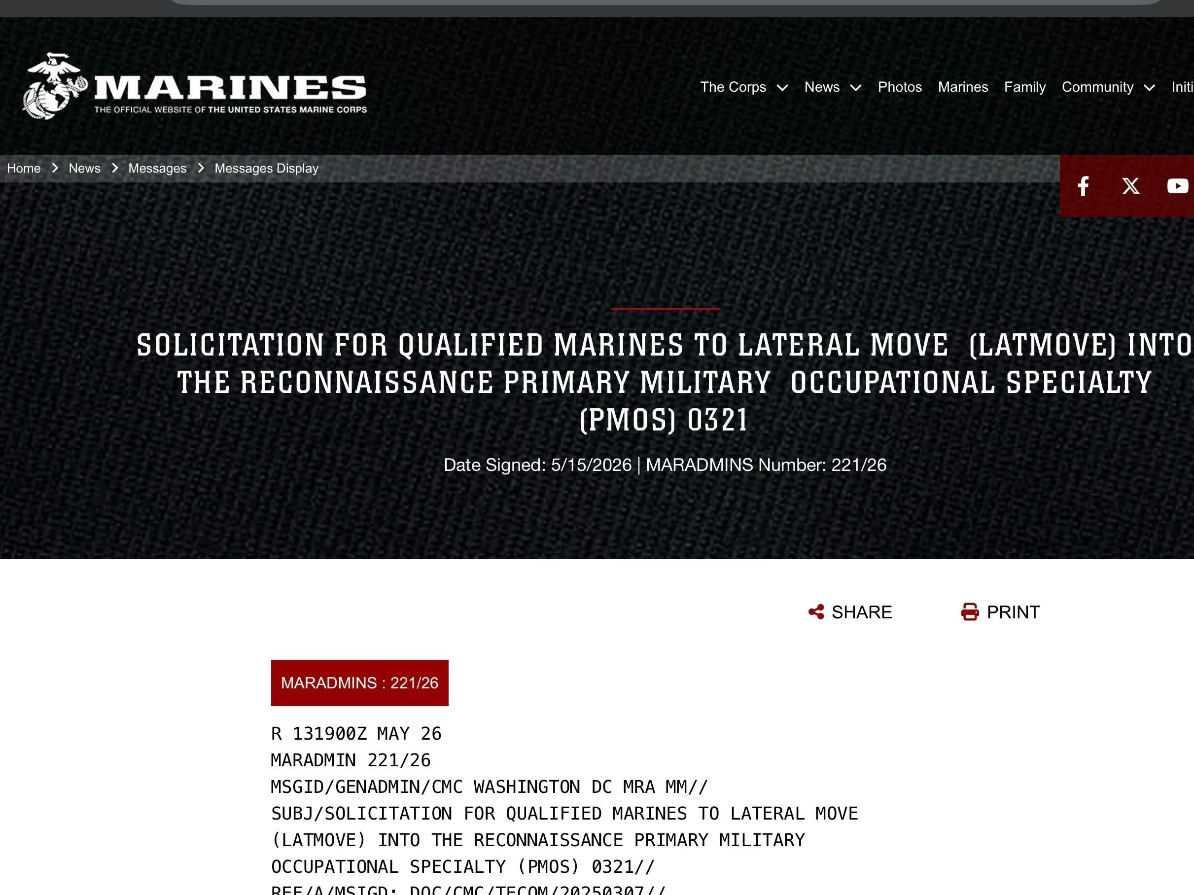 LAT MOVE INTO MOS 0321: UP TO $116,000 BONUS

Marines executing a lateral move (LATMOVE) into the Reconnaissance (0321) PMOS can qualify for a Selective Retention Bonus (SRB) totaling over $116,000. This includes a Primary MOS bonus plus a $50,000 LA