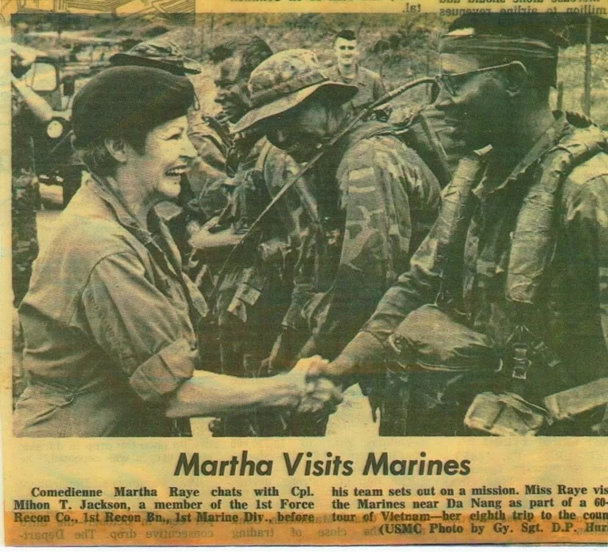 LOE3: Historic Preservation 

Martha Raye greeted Team HANSWORTH, 1st Force Reconnaissance Co. in late 1970 at Camp Reasoner.

PC: Rick &ldquo;Rabbi&rdquo; Rabenold pictured at center.

@marinereconfoundation #reconfoundation #marinereconfoundation