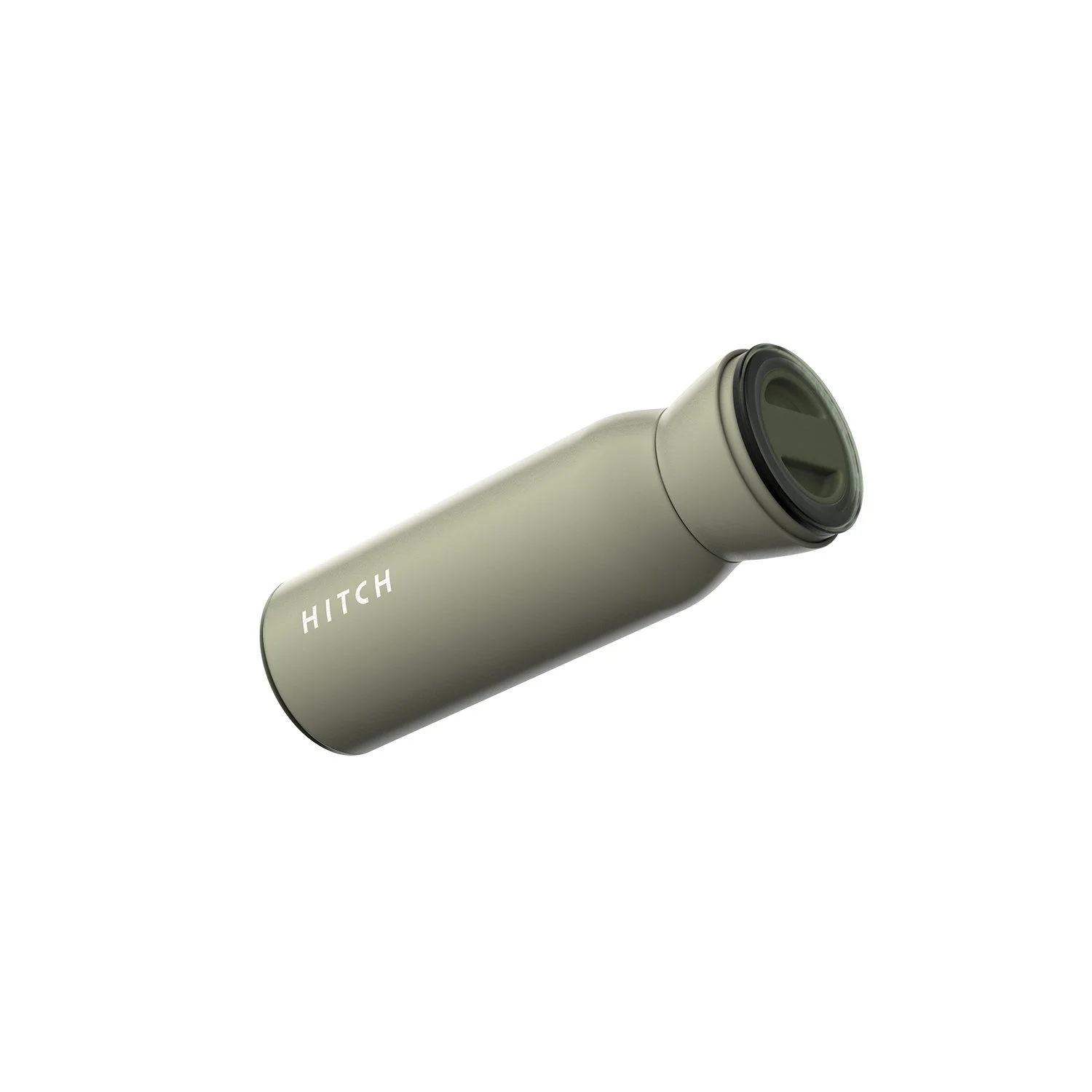 A portable, compact gray thermos with the word "HITCH" on its side, isolated on white background.