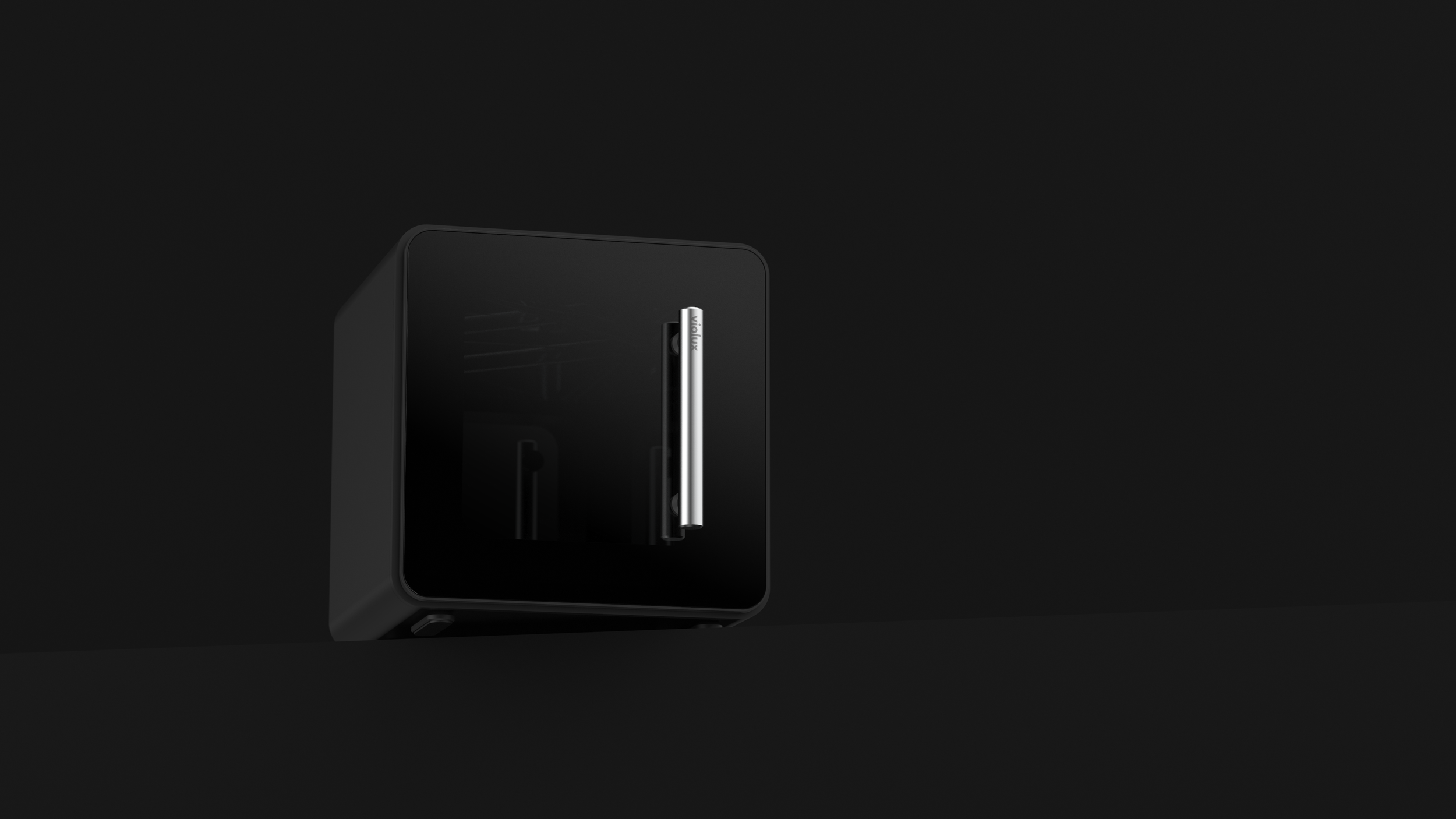 A black and silver Viltrox camera lens in a black box with a reflective surface, against a dark background.