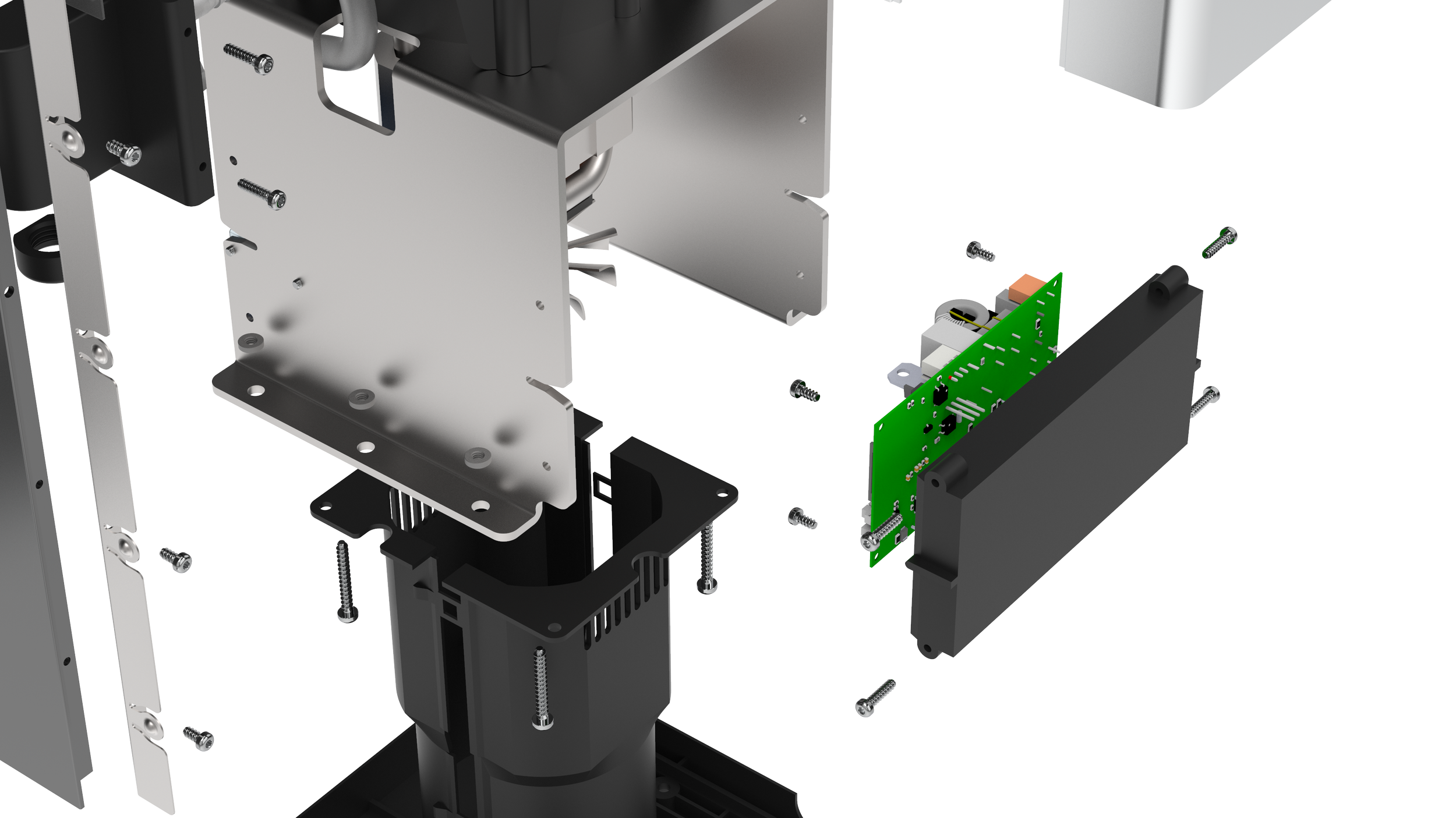 Exploded view of electronic device, showing various metal, plastic, and circuit board components with screws.