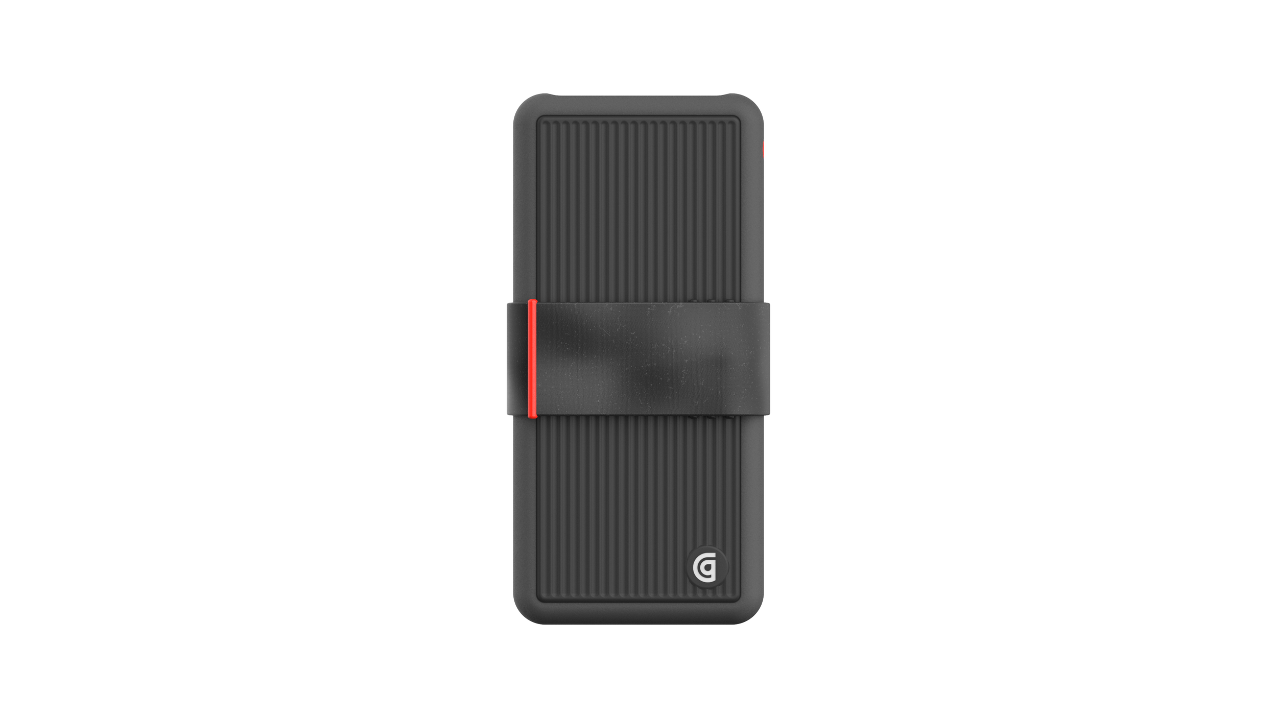 A black electronic device with a ribbed surface, a red accent on the left side, a black strap across the middle, and a circular logo with a stylized 'G' at the bottom.