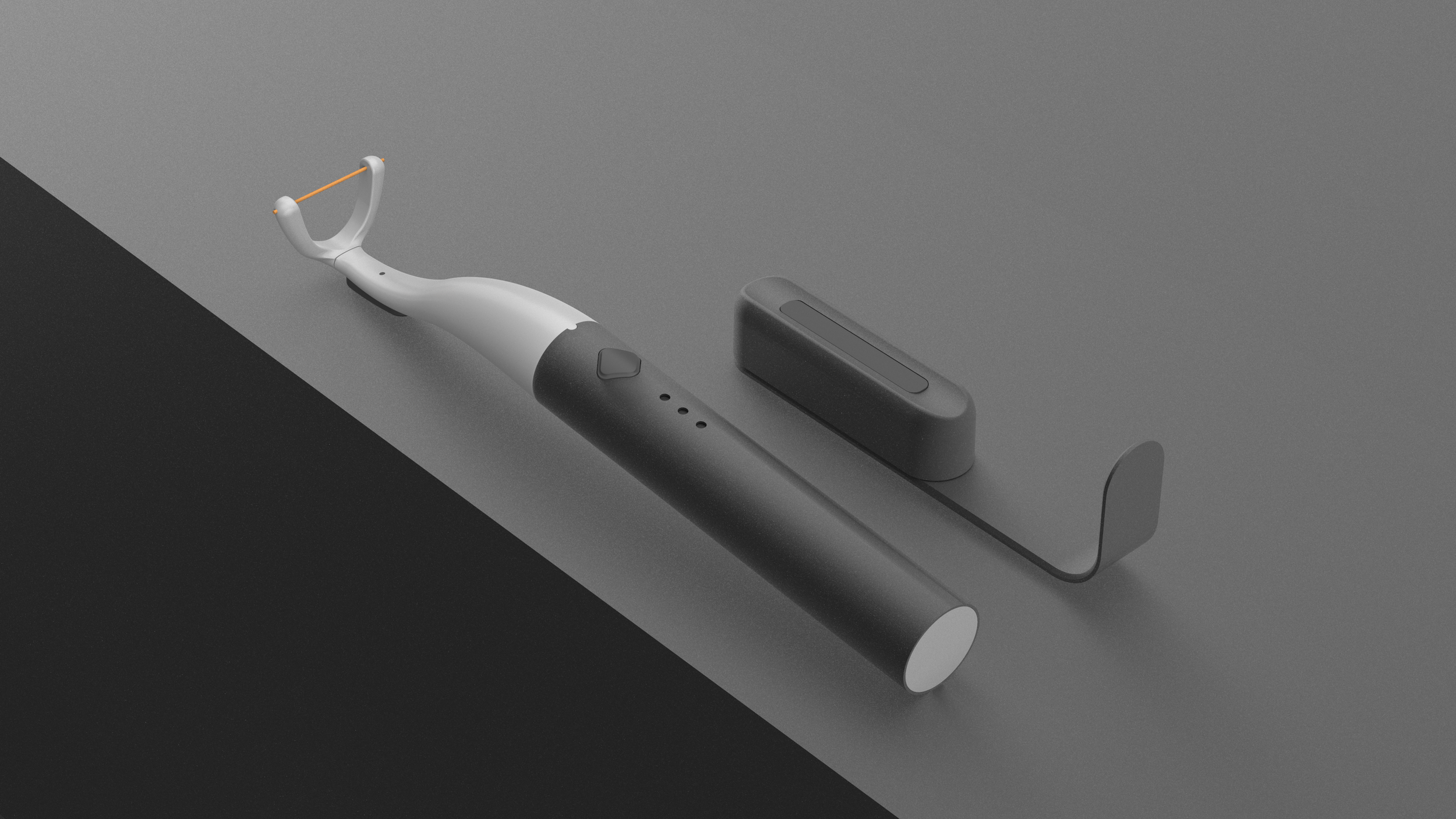 A modern electric toothbrush with a black handle and white brush head, a charging stand, and a base or power adapter on a gray surface.