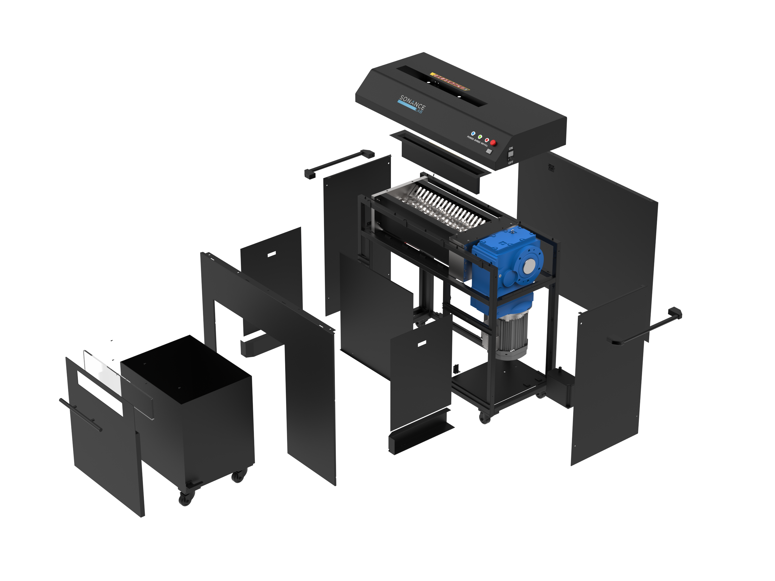 Disassembled industrial machine with black panels, blue motor, electronic components, and a control unit.