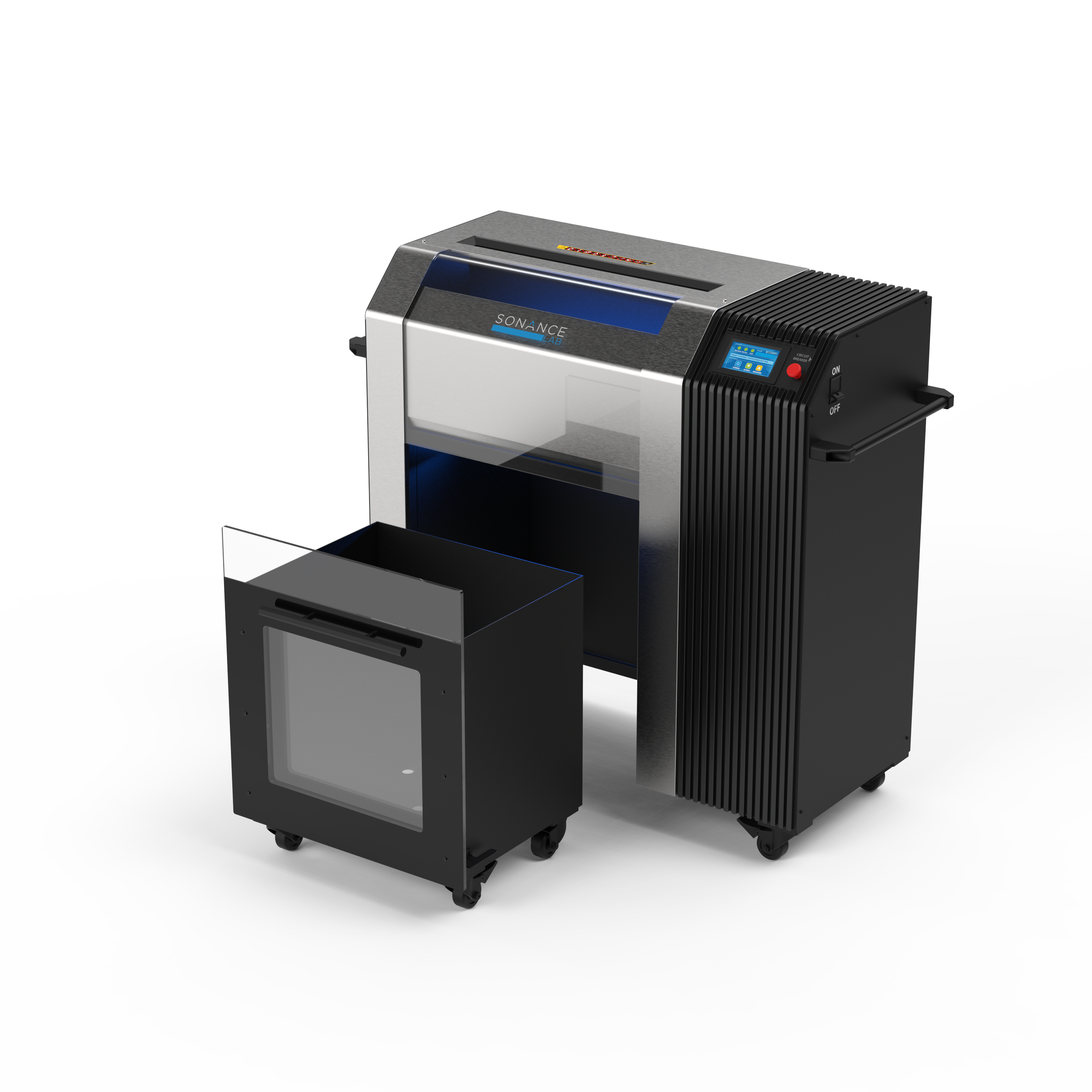 A SONANCE LAB laser engraver machine with a black and gray design and an attached smaller black and gray cooling unit on wheels.