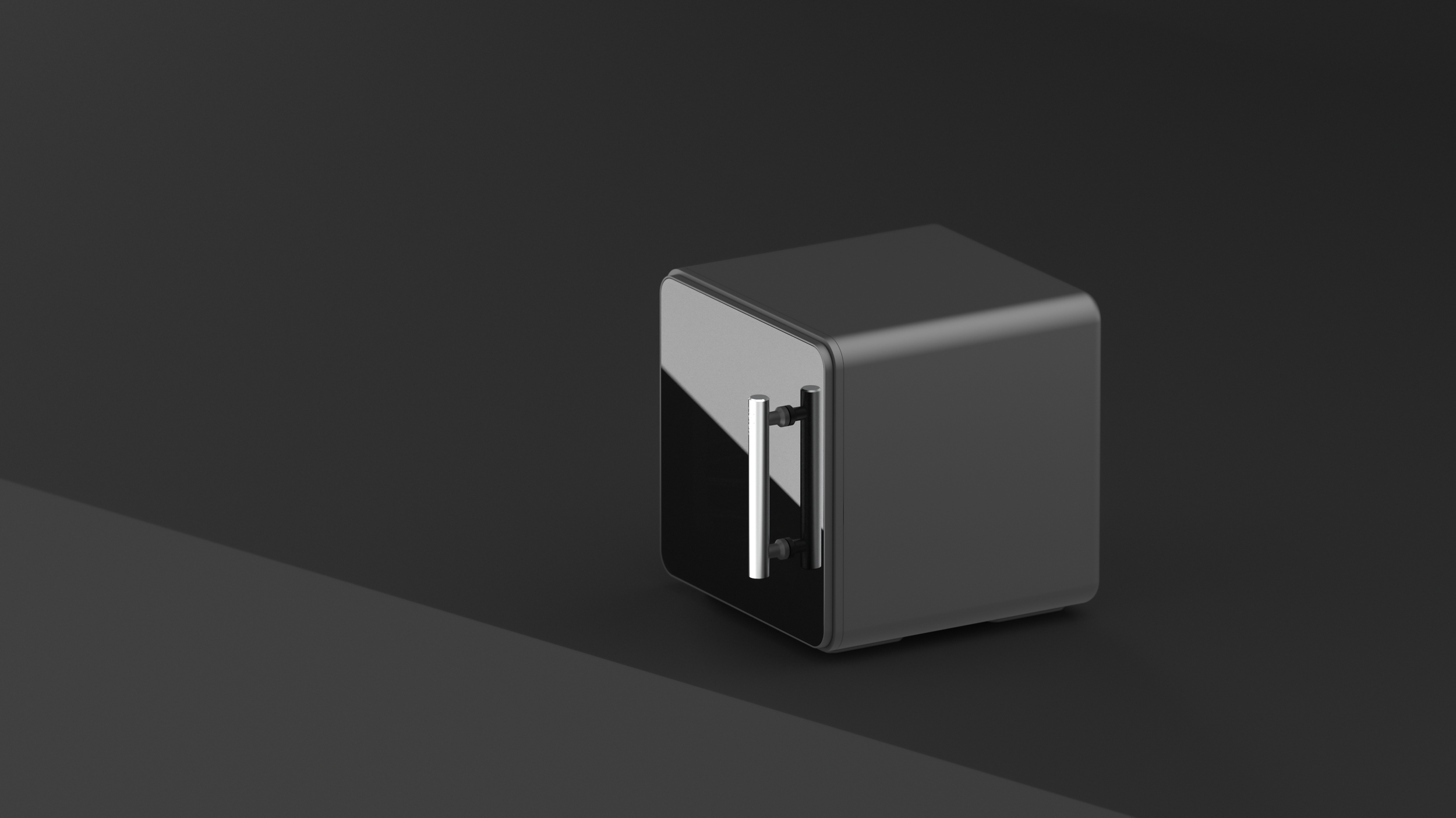A modern, black metallic safe with a reflective surface and a vertical silver handle, set against a dark background.