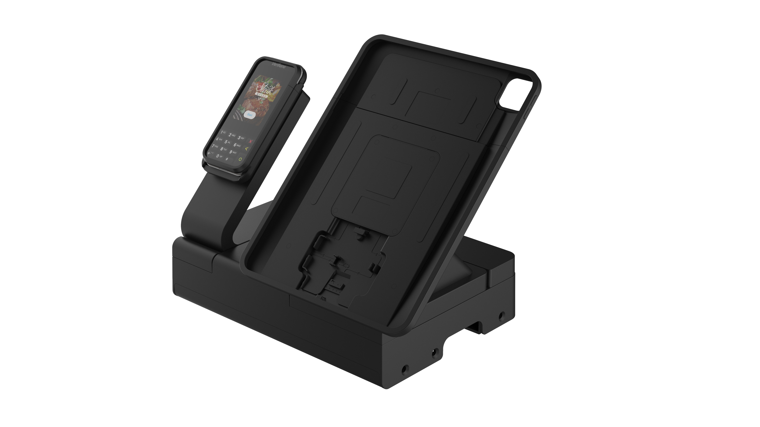 Wireless charging station with a smartwatch and a phone placed on it, the phone is in a black case.