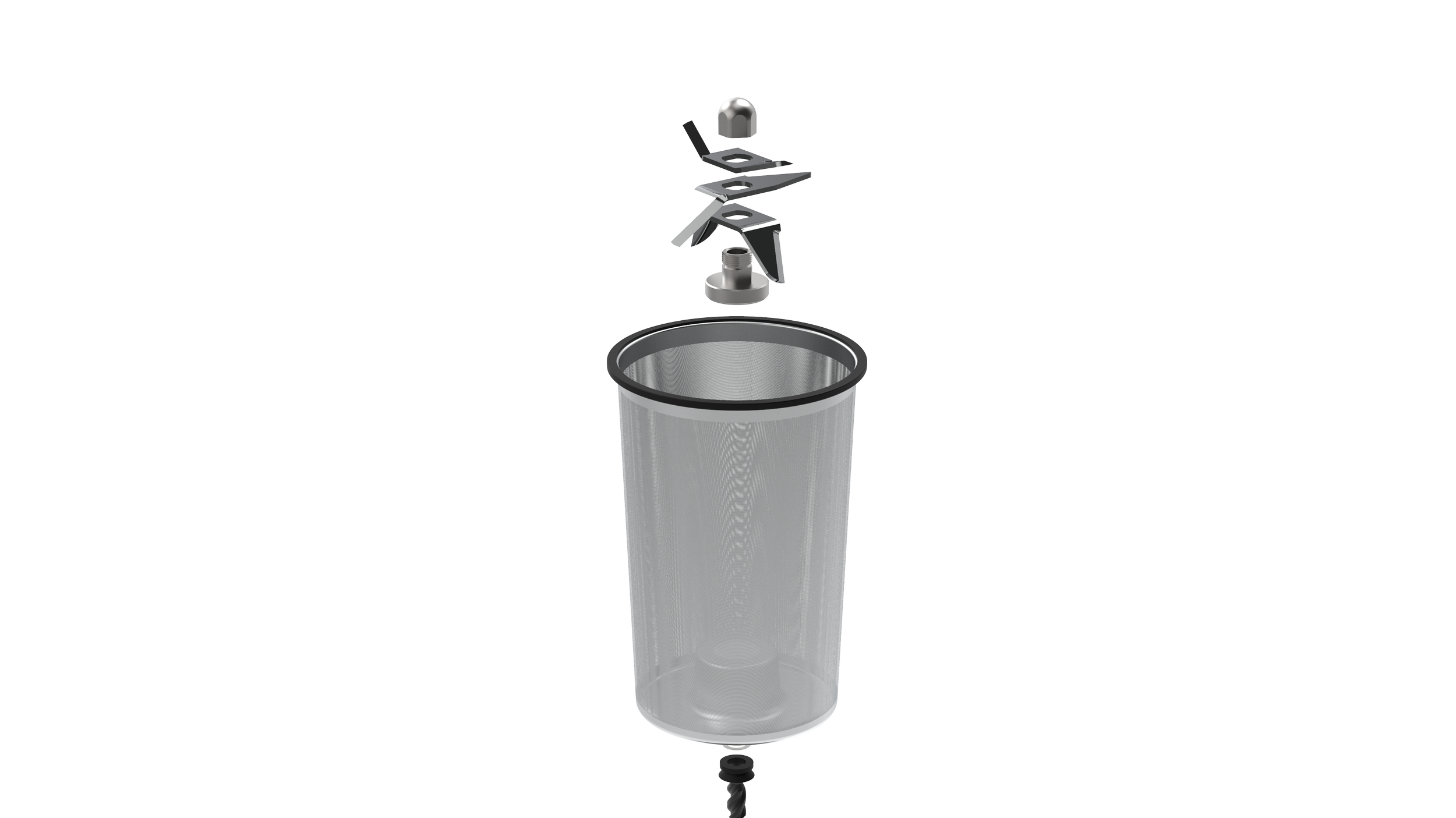 Diagram of a faucet water filtration system with a stainless steel mesh filter hanging below the faucet, mounted on a white wall.