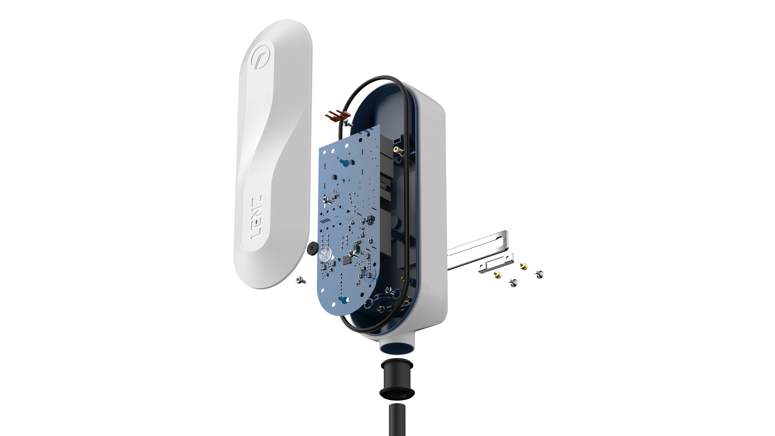 Exploded view of a circuit board inside an outdoor electronic device, with screws and components visible.
