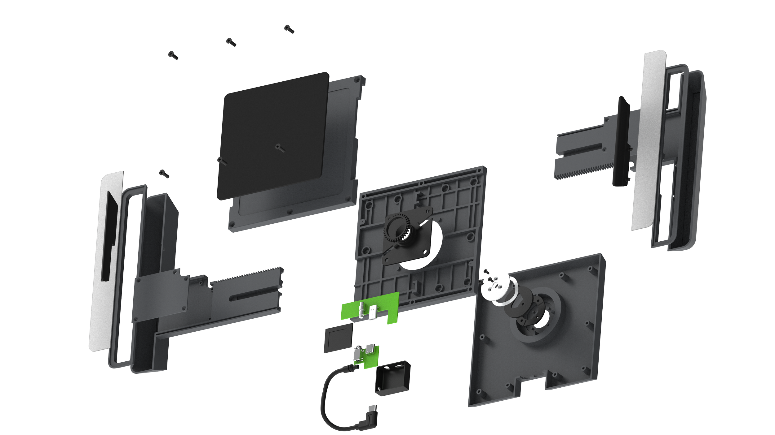 Exploded view of an electronic device showing various disassembled components including a screen, circuit boards, gears, and connectors