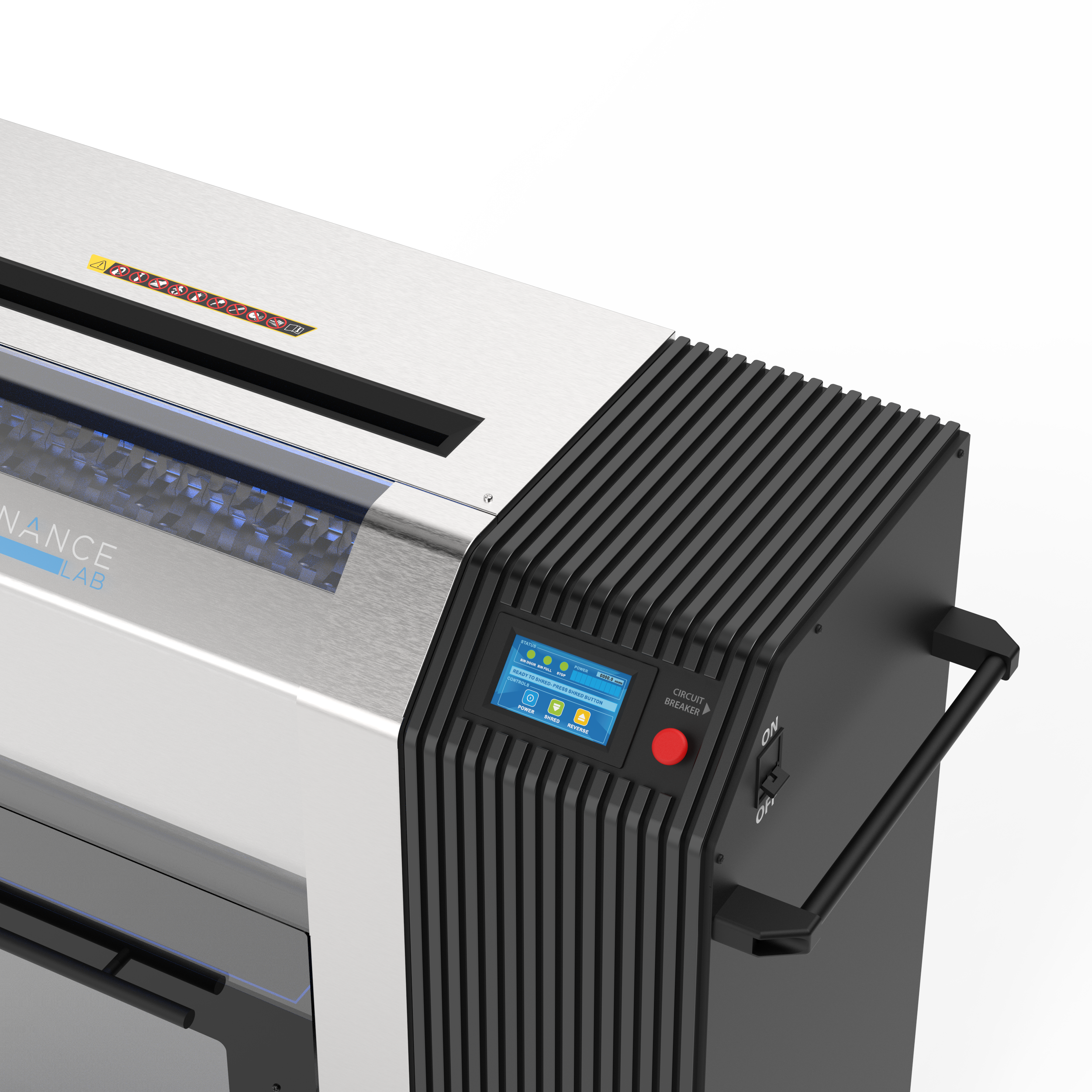 Industrial laser cutting machine with digital control panel, silver and black design, and safety warning labels.