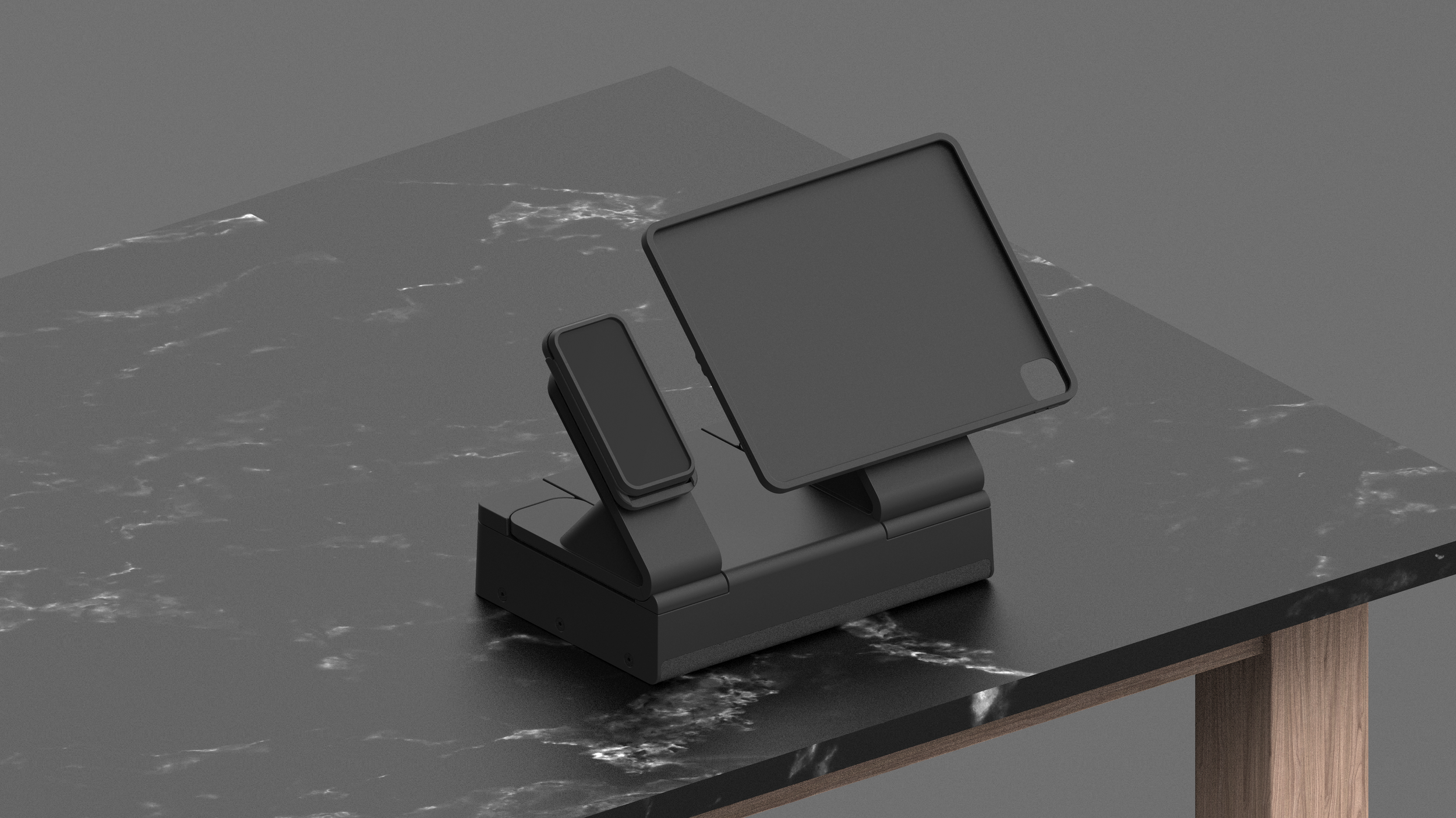 A black wireless charging station with a smartphone and a smartwatch on a black marble table with wooden legs.