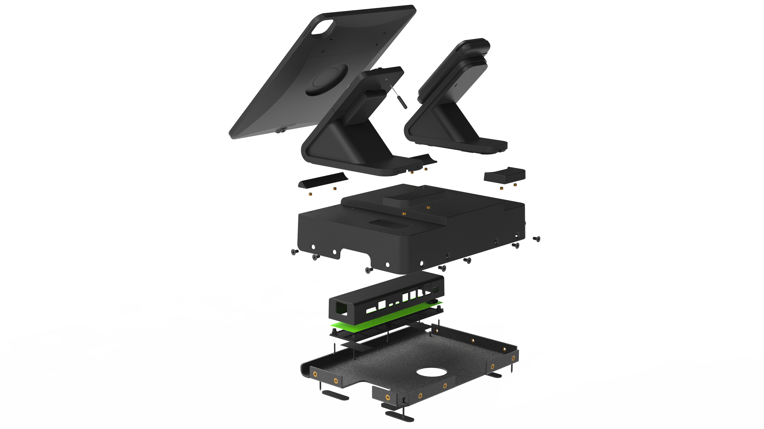 Exploded view of a disassembled electronic device, showing various internal components including circuit boards, housing parts, screws, and structural elements.