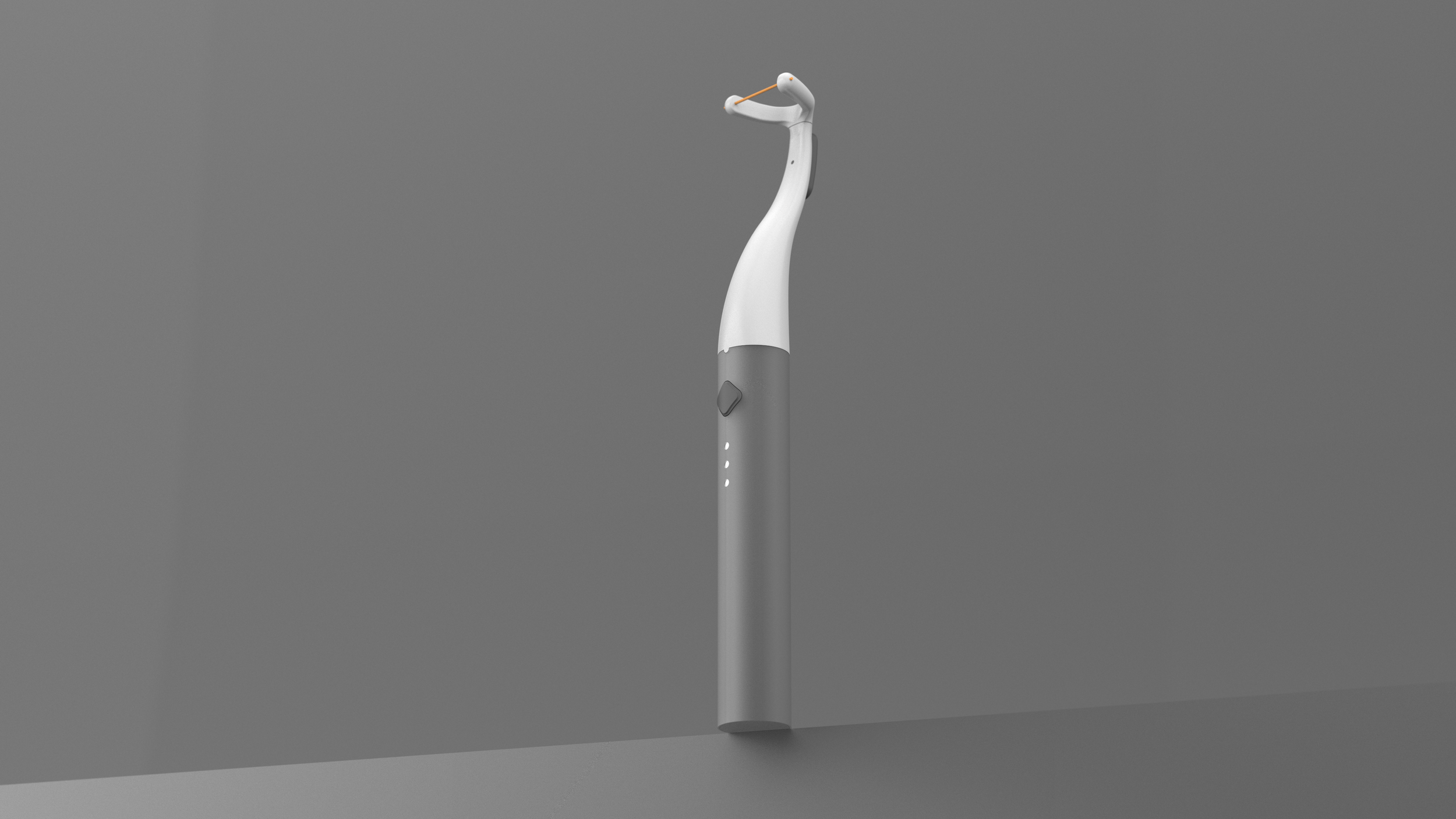 A modern electric toothbrush standing upright on a flat surface against a plain gray background.